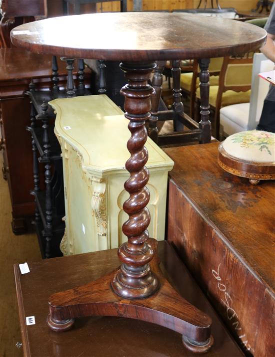 A Victorian rosewood circular topped wine table, on spiral twist pillar